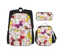 WURTON Mochila de hombro con estampado de mariposas 3 en 1, juego de lonchera, estuche, estuche de viaje para laptop, Negro -, Talla única