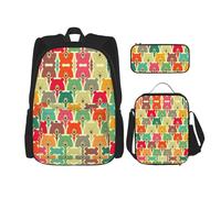 WURTON Mochila de hombro con estampado de osos coloridos 3 en 1, juego de lonchera, estuche para lápices, viajes, laptop, mochilas de día