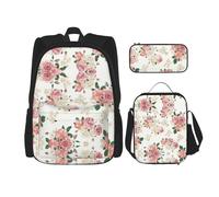 WURTON Mochila de hombro con estampado de rosas rosas y hojas, 3 en 1, bolsa de almuerzo, estuche para lápices, mochila de viaje para laptop, Negro -, Talla única