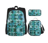 WURTON Mochila de hombro con estampado de sirena 3 en 1, juego de lonchera, estuche para lápices, mochila de viaje para laptop, color negro, talla única, color negro, talla única, Black, Talla única