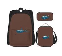 WURTON Mochila de hombro con estampado de tiburón azul 3 en 1, juego de lonchera, estuche, estuche de viaje para laptop