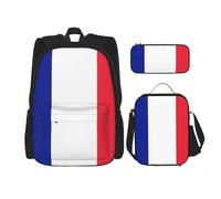 WURTON Mochila escolar 3 en 1 con estampado de bandera de Francia, con fiambrera, estuche para lápices, mochila de viaje para laptop