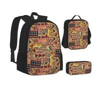 WURTON Mochila escolar 3 en 1 con estampado de camuflaje amarillo y verde para adolescentes, bolsa de almuerzo, estuche para lápices, mochila escolar para niños, Patchwork textil africano, Talla única