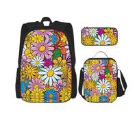 WURTON Mochila escolar 3 en 1 con estampado de carlino de caricatura, con lonchera y estuche para lápices, mochila de viaje para laptop, Flores lindas de dibujos animados, Talla única
