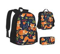 WURTON Mochila escolar 3 en 1 con estampado de ciervos y ciervos para adolescentes, bolsa de almuerzo, mochila escolar 3 en 1 para niños, Lindo animal zorro flor, Talla única
