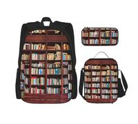 WURTON Mochila escolar 3 en 1 con estampado de libros, con fiambrera, estuche para lápices, mochila de viaje para laptop