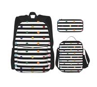 WURTON Mochila escolar 3 en 1 con estampado de lunares y arcoíris con purpurina en blanco y negro, con lonchera y estuche para lápices, mochila de viaje para laptop
