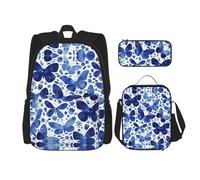 WURTON Mochila escolar 3 en 1 con estampado de mariposas azules, con fiambrera, estuche para lápices, mochila de viaje para laptop, Mariposas azules, Talla única