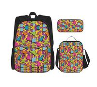 WURTON Mochila escolar 3 en 1 con estampado de mármol colorido pastel, rosa, azul y morado, con lonchera y estuche para lápices, mochila de viaje para laptop, Memphis de colores, Talla única