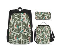 WURTON Mochila escolar 3 en 1 con estampado de plantas tropicales, con fiambrera, estuche para lápices, mochila de viaje para laptop