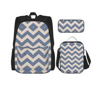 WURTON Mochila escolar 3 en 1 con estampado de tiburón azul con fiambrera, estuche para lápices, mochila de viaje para laptop, Rayas azules y beiges, Talla única