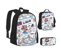 WURTON Mochila para adolescentes con estampado de animadora, juego de 3 en 1 (estuche para lápices + bolsa escolar + bolsa de almuerzo), londres, Talla única