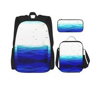 WURTON Ocean Waves - Juego de mochila con estampado marítimo de pájaros y correas ajustables para el hombro, bolsa de almuerzo, estuche para lápices, juego de bolsas combinadas