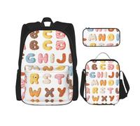 WURTON Pink Word - Juego de mochila con estampado de donas de dibujos animados y correas ajustables para el hombro, bolsa de almuerzo, estuche para lápices, juego de bolsas