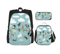 WURTON Raining Cats & Dogs - Mochila de hombro 3 en 1 con estampado de gatos y perros, juego de bolsa de almuerzo, estuche para lápices, mochila de viaje para laptop, Negro -, Talla única