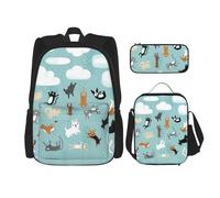 WURTON Raining Cats & Dogs - Mochila escolar 3 en 1 con fiambrera, estuche para lápices, viaje, laptop, mochila