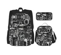 WURTON Retro Cool Camera Collection - Juego de mochila con correas ajustables para el hombro, bolsa de almuerzo, estuche para lápices, bolsa combinada, Black, Talla única