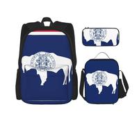 WURTON Wyoming State Flag Print Shoulder Backpack 3 in 1 Bookbag Set Lunch Box Pencil Case Travel Laptop Daypacks, Negro, Talla Única, Negro, Talla Única, Black, Talla única