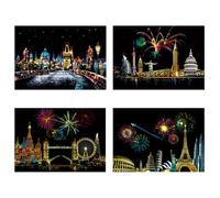 WUSJCOF 4X Kratzbilder Lugares de Interés Mural Papel de Raspar con Herramientas Set (290x210 MM) (Colores) (Ciudad de Fuegos Artificiales)