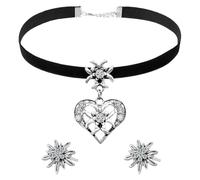 WUSJCOF Elegante Collana Tradizionale Donna con Strass, Ciondolo Cuore ed Edelweiss per Oktoberfest, Gioiello Tradizionale con Paio di Orecchini