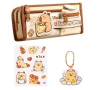 WUSJCOF Estuche para lápices de Gran Capacidad Multicapa, 2 en 1, con diseño Desmontable, Material de Lona Duradero, Cremallera, Llavero y Accesorios de Capibara, Pegatinas