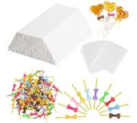 WUSJCOF Juego de 300 Palitos para Cake Pops - 100 Palitos de Lolipop, 100 Bolsas de Caramelos y Twist Ties para DIY Chuchelandia, Postres, Galletas y Caramelos