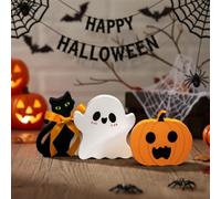 WUSJCOF Set de 3 Decoracion Halloween de Madera con Fantasma Adorable Calabaza y Gato Negro Figuras para Mesa Adornos de Otoño para Interior