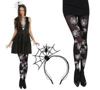 WUSJCOF Set disfraz de araña, 2 piezas, medias con diseño telaraña, tatuajes faciales de murciélago para mujer, máscaras, carnaval Halloween, calcetines de bruja(Color negro y amarillo)