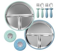 WUSUPU 2 Platos de Acero Inoxidable para Bebé, Plato de Acero Inoxidable con Ventosa,Platos de Silicona para Bebé,Platos Divididos para Alimentación con Cubierta de Silicona Removible(Azul+Verde)