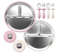 WUSUPU 2 Platos de Acero Inoxidable para Bebé, Platos de Acero Inoxidable con Ventosa,Plato de Silicona para Bebé,Plato Divididos para Alimentación con Cubierta de Silicona Removible(Beige y Rosa)