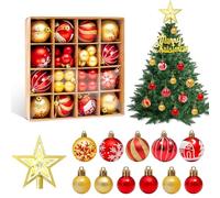 WUSUPU Juego de 44 Bolas de Navidad Doradas y Rojas,Decoración Navideña,Adornos Arbol Navidad con Copas de árbol ahuecadas,Estrellas y Tablero del Alfabeto,adecuados para Navidad,Fiestas y Fiestas
