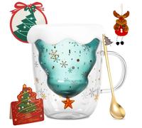 WUSUPU lindo de Navidad Taza,Vasos de los vidrios de doble pared con Árbol de Navidad 3D - incl. Doble Pared Copa de Vidrio de 300 ml,Cuchara,Posavasos,Tarjetas Navideñas & Colgante de Reno