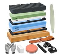 WUSUPU Piedra de Afilar,Piedra Afilar Cuchillos,400/1000 y 3000/8000,Afilador Cuchillos de Doble Cara con Base Antideslizante Silicona Guía ángulo Piedra Aplanadora Correa Cuero(14 Piezas)