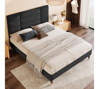 Wuudi Cama tapizada de cama doble con somier, 140 x 200 cm, tapizada con cabecero, en lino negro, para adultos y adolescentes, (colchón no incluido)