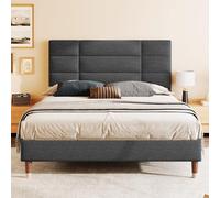 Wuudi Cama tapizada para cama doble con somier, 140 x 200 cm, marco de cama acolchado con cabecero, en lino gris oscuro, para adultos y jóvenes (colchón no incluido)