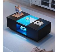 Wuudi Mesa baja negra 100 x 50 x 35,5 cm - con revestimiento de cristal, iluminación LED, control de aplicación, 2 cajones y 1 compartimento abierto