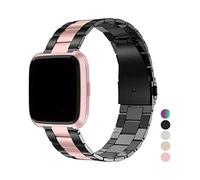 WUURAA Correa de reloj de acero inoxidable for Fitbit Versa 4, pulsera sin tornillos, pulseras de Metal de repuesto for Fitbit Versa 3 Se(Black+Pink,Fitbit versa)