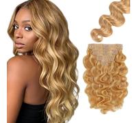 WuvuSnm Body Wave - Extensiones de clip de pelo humano con clip, 27/613, rubio, 120 g, 7 unidades por paquete para mujer, cabello real de 18 pulgadas