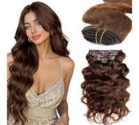 WuvuSnm Body Wave - Extensiones de clip de pelo humano, pelo humano, extensiones de clip invisibles, #4, marrón chocolate, 50 cm, 120 g, 7 unidades por paquete para mujeres