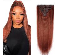 WuvuSnm Clip in Hair Extensions Human Hair Extensiones Pelo Natural Clip #33 Reddish Brown 28 Inch 120g 7Pcs Per Pack para Mujer Extensión De Pelo Humano Real Hair Minimal Smell
