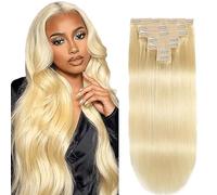 WuvuSnm Clip in Hair Extensions Human Hair Extensiones Pelo Natural Clip #613 Blonde 28 Inch 120g 7Pcs Per Pack para Mujer Extensión De Pelo Humano Real Hair Minimal Smell