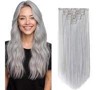 WuvuSnm Clip in Hair Extensions Human Hair Extensiones Pelo Natural Clip Grey 26 Inch 120g 7Pcs Per Pack para Mujer Extensión De Pelo Humano Real Hair Minimal Smell