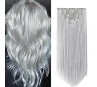 WuvuSnm Clip in Hair Extensions Human Hair Extensiones Pelo Natural Clip Grey 28 Inch 120g 7Pcs Per Pack para Mujer Extensión De Pelo Humano Real Hair Minimal Smell