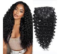 WuvuSnm Deep Wave Clip in Hair Extensions Human Hair Extensiones Pelo Natural Clip Natural Black 120g 7Pcs Per Pack para Mujer Extensión De Pelo Humano Minimal Smell 12 Inch
