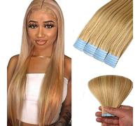 WuvuSnm Extensiones Adhesivas Pelo Natural Extensions Tape in Human Hair Straight P27/613 Highlight Blonde Color 14 Pulgadas 20 pcs/50g Extensiones De Cabello Humano for Women Minimal Smell