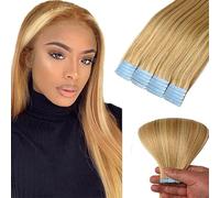 WuvuSnm Extensiones Adhesivas Pelo Natural Extensions Tape in Human Hair Straight P27/613 Highlight Blonde Color 16 Pulgadas 20 pcs/50g Extensiones De Cabello Humano for Women Minimal Smell