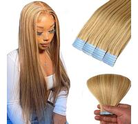 WuvuSnm Extensiones Adhesivas Pelo Natural Extensions Tape in Human Hair Straight P27/613 Highlight Blonde Color 26 Pulgadas 20 pcs/70g Extensiones De Cabello Humano for Women Minimal Smell