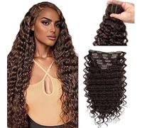 WuvuSnm Extensiones de clip de pelo humano con ondas profundas, extensiones de pelo humano Invisble con clip, color marrón chocolate, 120 g, 7 unidades por paquete para mujeres cabello real de 20