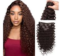 WuvuSnm Extensiones de clip de pelo humano con ondas profundas, extensiones de pelo humano Invisble con clip, color marrón chocolate, 120 g, 7 unidades por paquete para mujeres cabello real de 66 cm