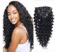 WuvuSnm Extensiones de clip de pelo humano con ondas profundas, extensiones de pelo humano invisible, #1B, color negro natural, 120 g, 7 unidades por paquete para mujeres de 40 cm
